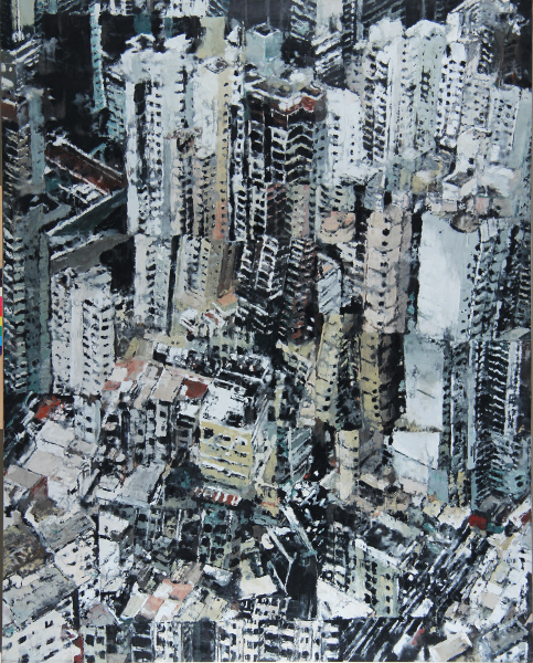 Philippe Cognée – Architecture, une fiction d’aujourd’hui : Philippe Cognée, Hong Kong, 2003 Peinture à la cire sur toile marouflée sur bois, 153 x 122 cm